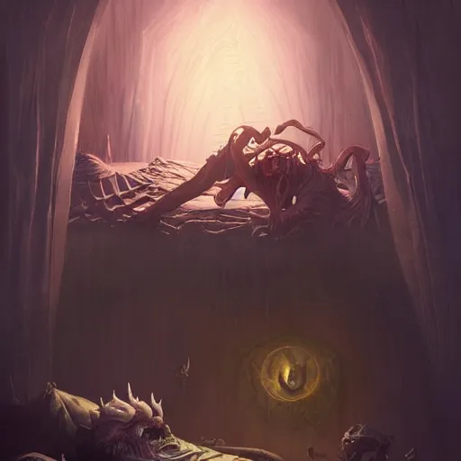 Image similar to A Monster under the bed, Horror, Night, 8k resolution matte fantasy painting, cinematic lighting, DeviantArt, Artstation, Jason Felix Steve Argyle Tyler Jacobson Peter Mohrbacher