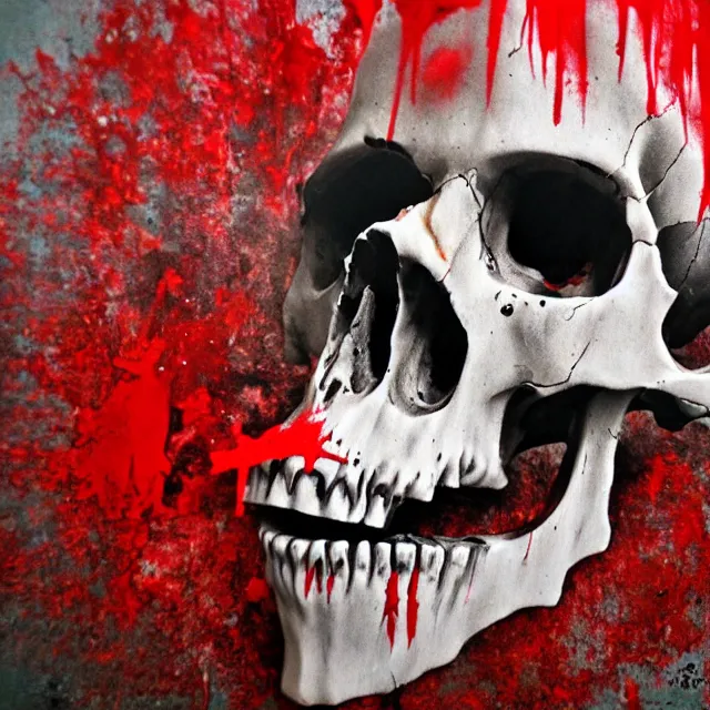 Prompt: skull pouring out blood, primitive art, spray paint