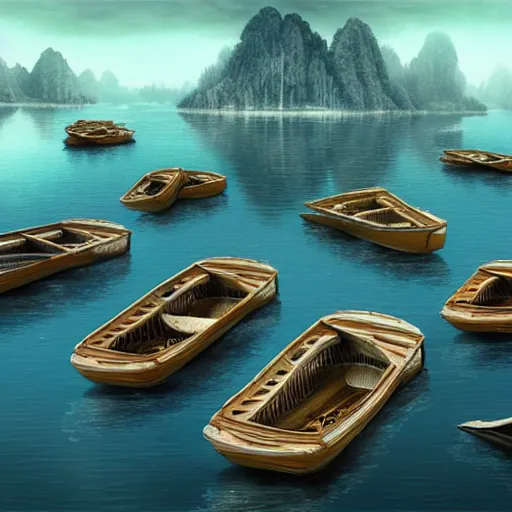 Image similar to a group of boats floating on top of a body of water, a detailed matte painting by yerkaland, cgsociety, metaphysical painting, matte painting, glitch art, dystopian art