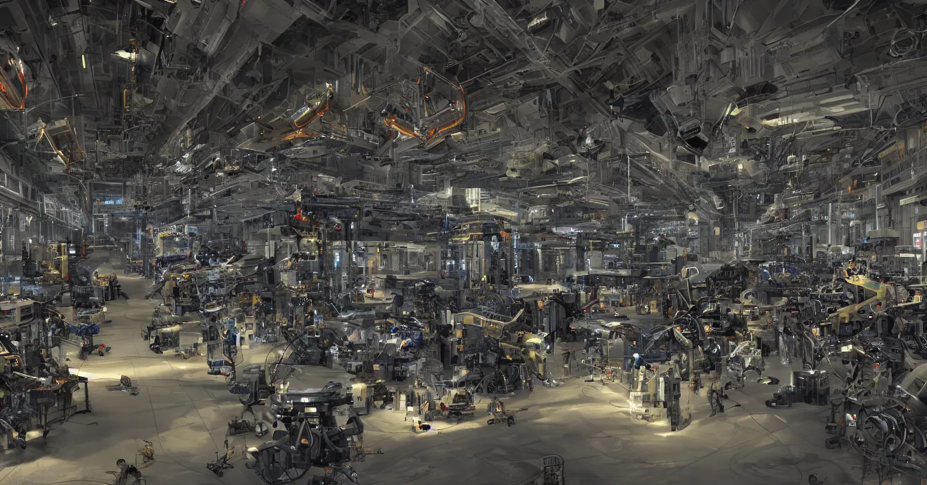 Image similar to Realistic detail photo of a factory interior for mech robots production, full of various electronic and mechanical mech parts, weapons, devices and instruments, with hardware engineers and scientists walking around, spotlights from ceiling, incredible sharp details, light contrast, dark atmosphere, bright vivid colours, reflections, metal speculars, rendered in Redshift, Octane,journalistic photography from year 2194,