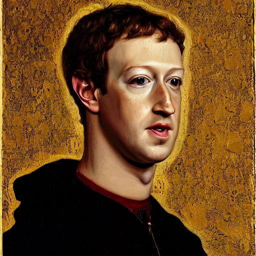 Prompt: portrait of mark zuckerberg, oil painting by jan van eyck, northern renaissance art, oil on canvas, wet - on - wet technique, realistic, expressive emotions, intricate textures, illusionistic detail