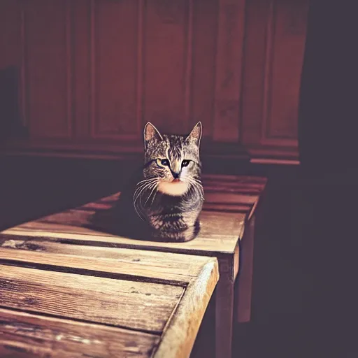 Prompt: macro shot of a cat sitting on a table in the hall of a great castle