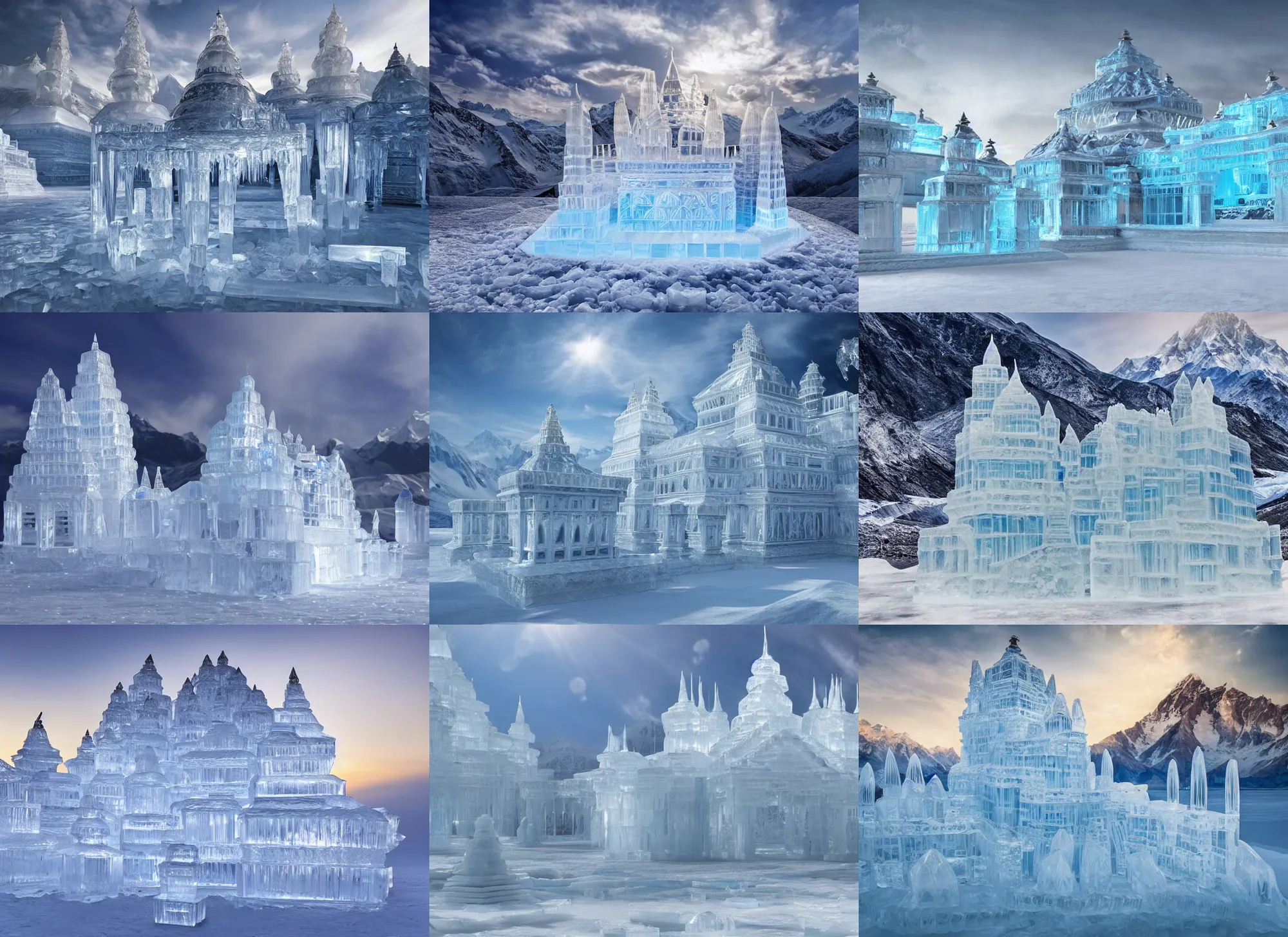 Prompt: a palace made of ice, crystal clear ice sculpture in himalaya, 4 k, first, realistic fantasy photography, mystical