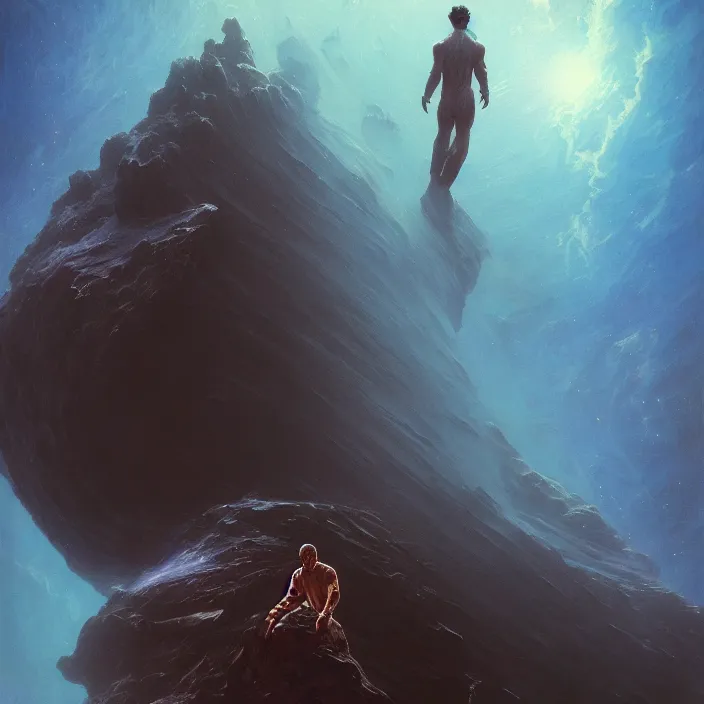 Prompt: cinematic portrait of a man floating alone in the abyss of space, oil on canvas, masterpiece, trending on artstation, featured on pixiv, cinematic composition, dramatic pose, beautiful lighting, sharp details, hyper-detailed, HD, HDR, 4K, 8K, art by Tim Hildebrandt and Wayne Barlowe and Bruce Pennington and ruan jia and larry elmore,