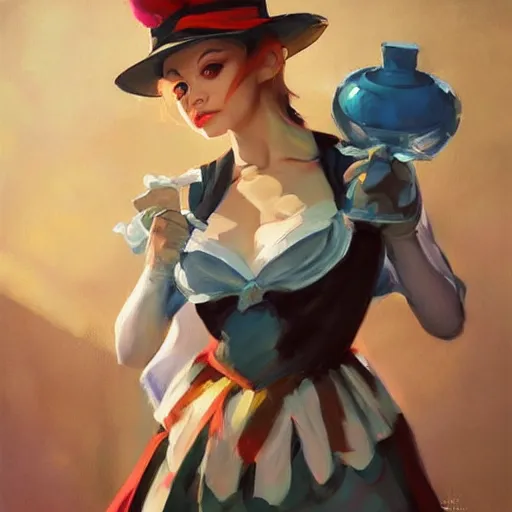 Image similar to greg manchess portrait painting of alice in wonderland as overwatch character, medium shot, asymmetrical, profile picture, organic painting, sunny day, matte painting, bold shapes, hard edges, street art, trending on artstation, by huang guangjian and gil elvgren and brom