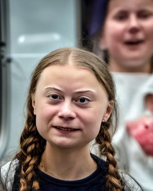 Image similar to film still close - up shot of greta thunberg giving a speech in a train station eating raw meat smiling its. photographic, photography