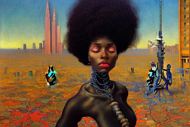 Image similar to realistic extremely detailed portrait painting of a beautiful black woman with a robot, city street on background by Jean Delville, Amano, Yves Tanguy, Ilya Repin, Alphonse Mucha, Ernst Haeckel, James C. Christensen, Edward Robert Hughes, Roger Dean, rich moody colours