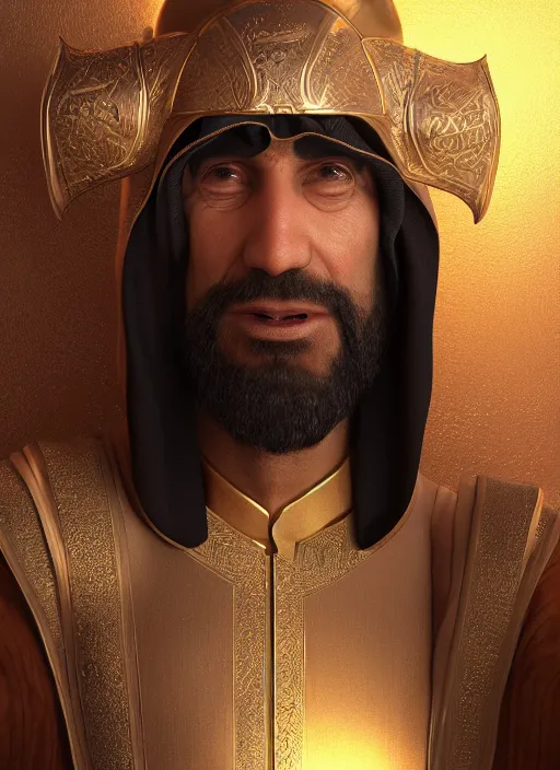 Prompt: portrait of sheikh mohammad ruler of dubai as goblin, trending in artstation, cinematic lighting, studio quality, smooth render, unreal engine 5 rendered, octane rendered, art style by klimt and nixeu and ian sprigger and wlop and krenz cushart.