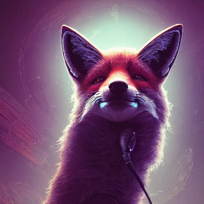 Image similar to fox with headphones, HD, 4K, intricate abstract. intricate artwork. by Tooth Wu, wlop, beeple, dan mumford, octane render, trending on artstation, greg rutkowski very coherent symmetrical artwork. cinematic, hyper realism, high detail, octane render, 8k, iridescent accents