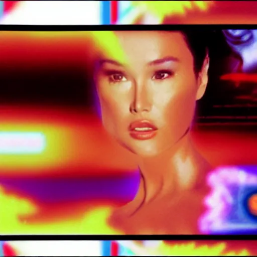 Image similar to a VHS still of a concept art with a photo of Tía Carrere in a vaporwave artwork composition, Windows98 logo, in the movie Lifeforce (1985) 8k, intricate, pastel colors