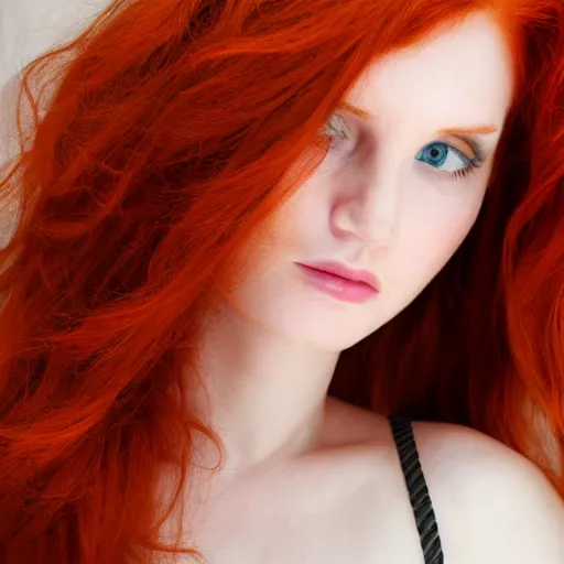 Image similar to very beautiful redhead woman looking back over her shoulder, eye contact, hyper realistic