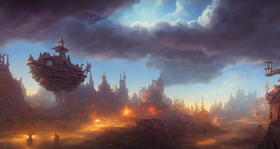 Prompt: landscape an fantasy town in the sky and an sky - ship flying towards it andreas rocha