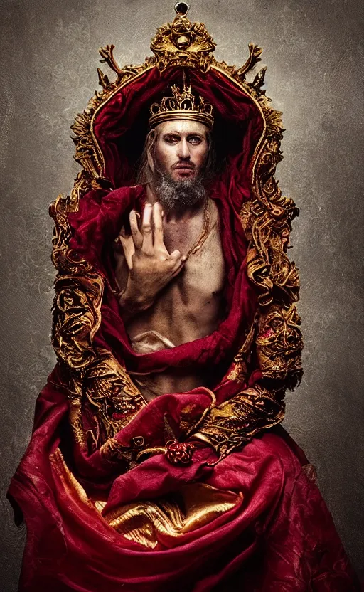 Image similar to 'Portrait of Crowned King Arthur' by Lee Jeffries royally decorated, whirling plasma, atmospheric motes, red and gold Sumptuous garb, gilt silk fabric, radiant colors, fantasy, perfect lighting, studio lit, micro details,