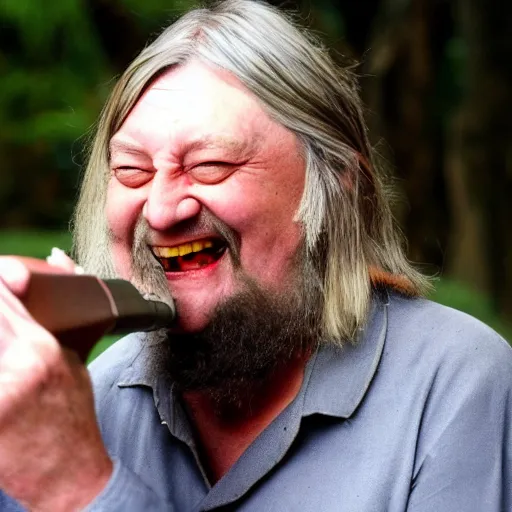 Image similar to robert wyatt laughing maniacally and shooting the viewer with his pistol