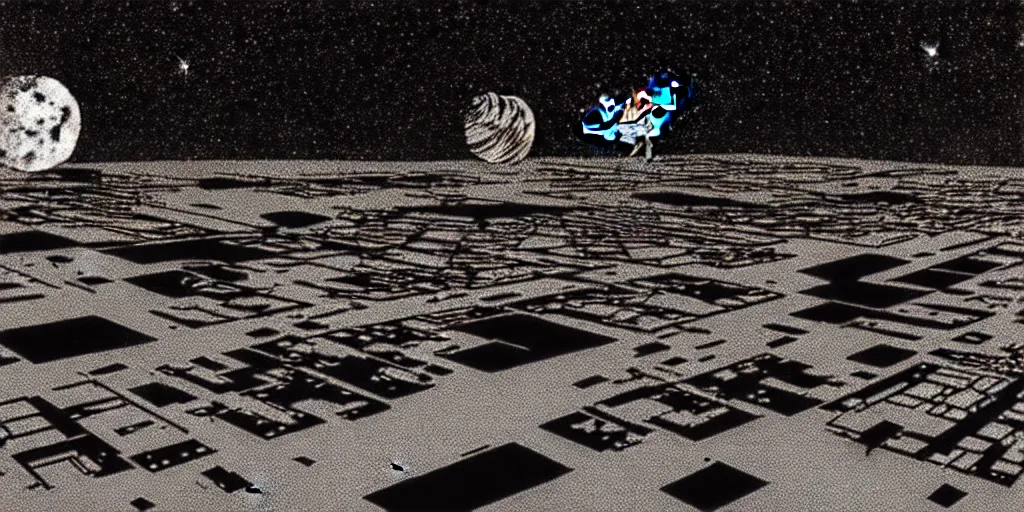 Image similar to ground angle shot of a space port at night, retro punk, ink by Frank Miller, cinematography by Jim Jarmusch, composition by Hale Woodruff, soundtrack by Aphex Twin, background by Moebius.