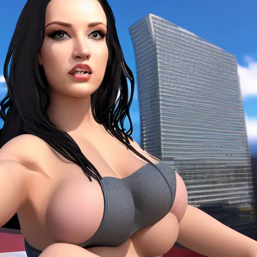 Prompt: « angela white taking a selfie, photorealistic, unreal engine 5, sharp focus, building in the background »