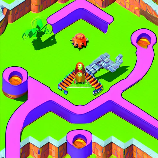 Image similar to isometric aerial view of a new mario kart 64 level, featuring the eye of sauron, helm's deep, and barney the purple dinosaur