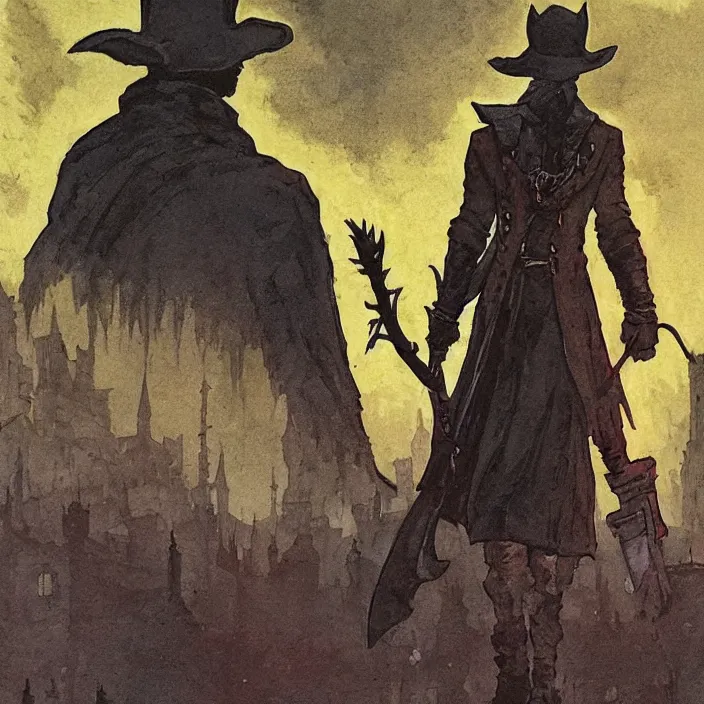 Prompt: hunter from bloodborne in yharnam, style by retrofuturism, faded red and yelow, by malcolm smith, old comics in city, nicholas roerich, katinka reinke