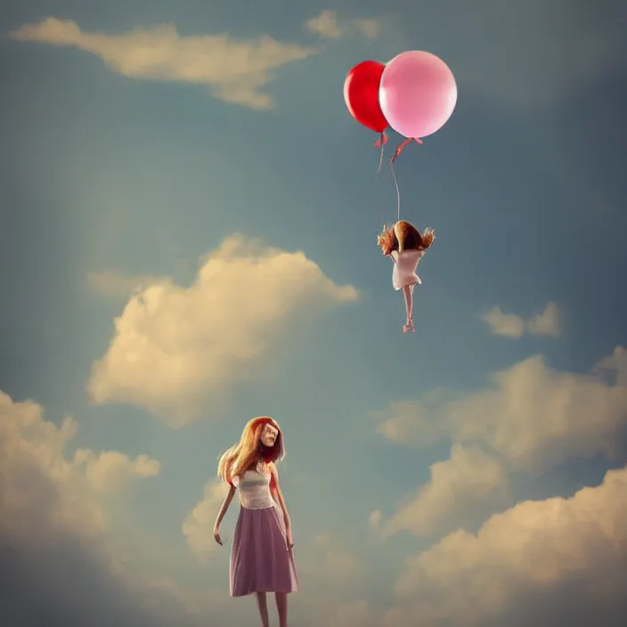 Prompt: a woman with a [ balloon for a head ]!!, floating into the sky, [ 4 k digital art ]!!, [ trending on cgsociety ]!!, cgsociety contest winner, 4 k quality