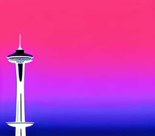 Image similar to a beautiful and immaculate balanced vaporwave ombre scene depicting outrun style seattle and the space needle