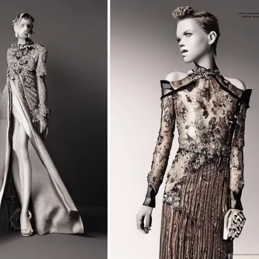 Image similar to upshot of a fashion model, luxury dress, official valentino editorial, highly detailed