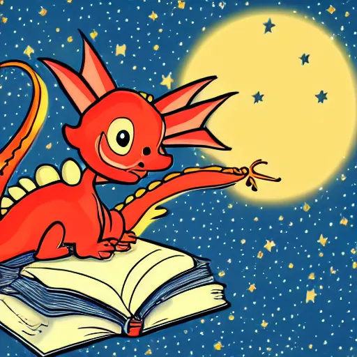 Image similar to cute dragon reading a book underneath the stars