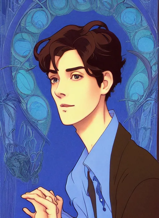 Prompt: well - lit art nouveau portrait of a young man with short black hair, blue eyes, blue long sleeved button down shirt, natural lighting, path traced, highly detailed, high quality, cartoon, digital painting, by don bluth and ross tran and studio ghibli and alphonse mucha