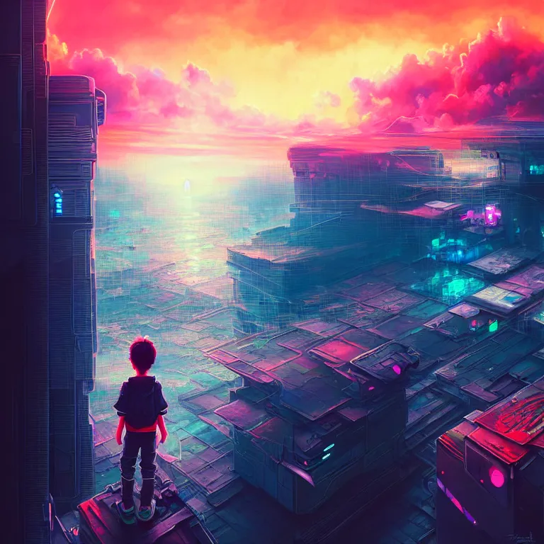 Image similar to a painting of a boy on top of a building watching a colorful sunrise futuristic city surrounded by clouds, cyberpunk art by yoshitaka amano and alena aenami, cg society contest winner, retrofuturism, matte painting, apocalypse landscape, cityscape