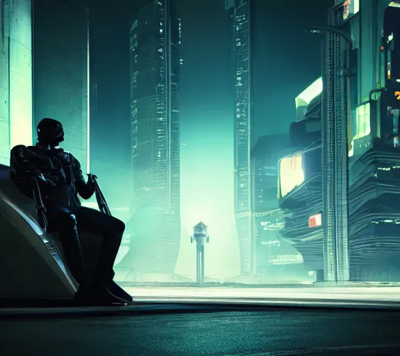 Prompt: man waits for futuristic sci fi jet landed at runway of cyberpunk city, night photo ,dark cinematic lighting , digital concept art