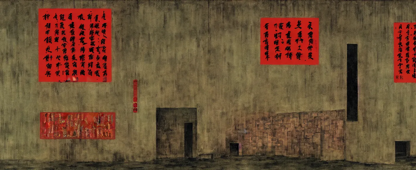 Image similar to a chinese prison near a river by peter doig, muted colors, overlaid with chinese adverts