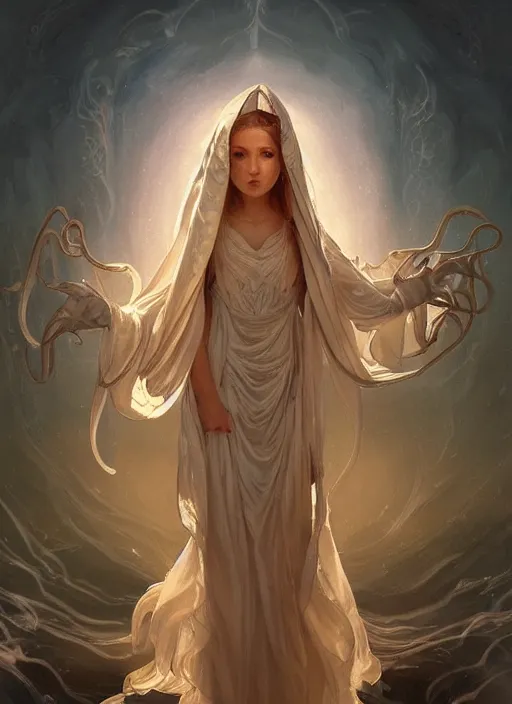 Image similar to holy cephalopod with long flowing white robe angelic wings and a single large knowing eye with long powerful tentacles, highly detailed, digital painting, artstation, concept art, matte, sharp focus, illustration, dramatic, sunset,hearthstone, art by Artgerm and Greg Rutkowski and Alphonse Mucha