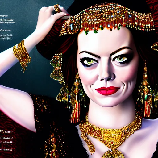 Image similar to a portrait of emma stone dressed as a belly dancer, arabian night, high quality, fully detailed, 4 k, in focus face with fine details, realistic hand details and anatomy