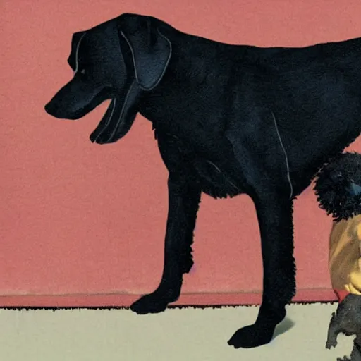 Prompt: a black dog holding a small woman