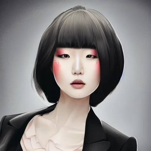 Image similar to portrait of a beautiful korean girl wearing a men's tuxedo, with long hair and bangs, angular features, angry expression, digital art, elegant pose, detailed illustration