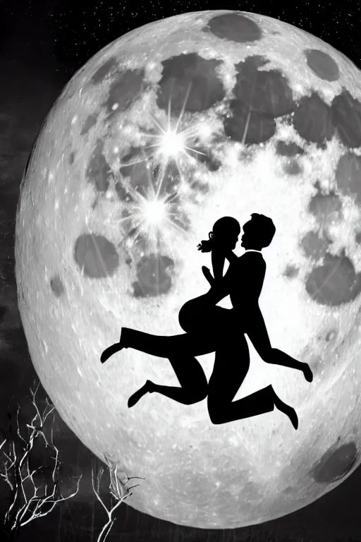 Image similar to the background is a huge moon. in the night environment, a man jumps into the air with a woman in his arms. in the middle of the moon are two figures in black silhouettes. at the bottom of the picture are some dancing octopus tentacles