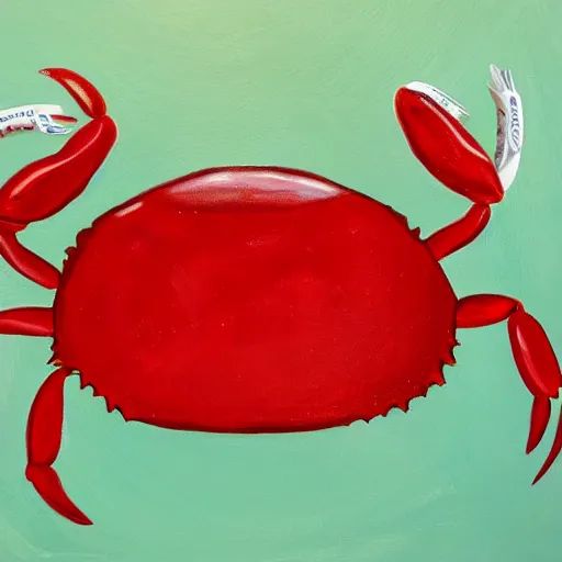 Prompt: painting of a strong crab holding ketchup packets in claws