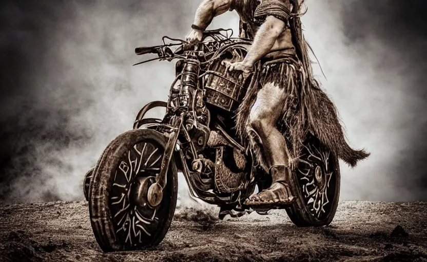 Image similar to old vintage full body photo of ancient viking warrior with full beard riding on the complex vintage punk engine with one wheel, extreme sports photography ,super high speed photography, dynamic photography,symmetrical face, clean face, muscular body, high speed,dirt and grawel in air, lens flares, dust partiles in the air, dramatic lighting, intricate, highly detailed, centered, smooth, sharp focus, sports photography, old photo, black and white, sepia, cinematic lighting, cinematic angle, national geographic