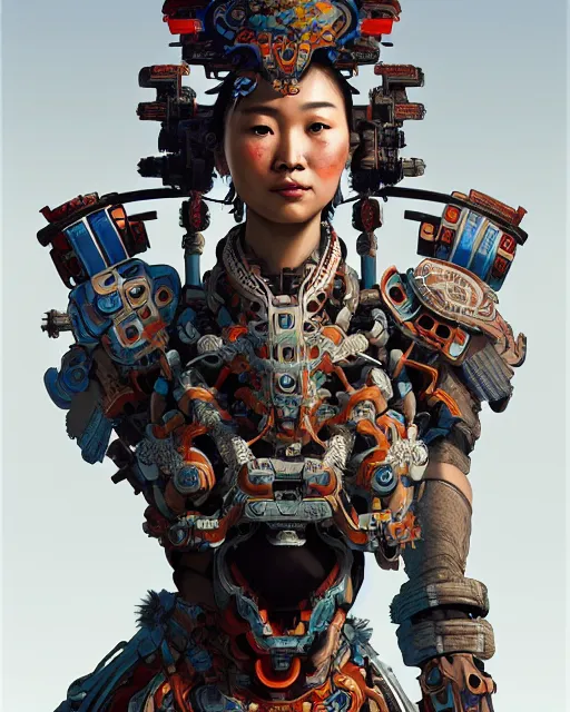 Image similar to portrait of a machine from horizon zero dawn, machine face, upper body, decorated with chinese opera motifs, asian, traditional chinese art, intricate, elegant, highly detailed, digital painting, artstation, concept art, smooth, sharp focus, illustration, art by artgerm and greg rutkowski and alphonse mucha, 8 k