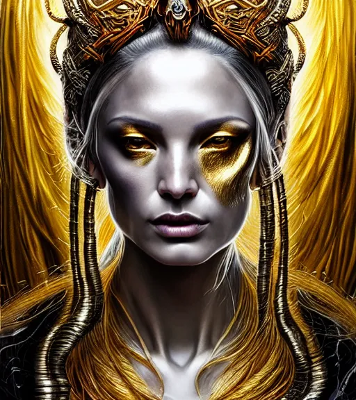 Prompt: silver and golden brush elements, single face portrait. complex hyper-maximalist overdetailed beautiful but terrifying, cinematic cosmic scifi portrait of an elegant very attractive but wild and dangerous witch antropomorphic female warrior god by andrei riabovitchev, tomasz alen kopera, oleksandra shchaslyva alex grey and bekinski. Fantastic realism. Extremely ornated with laced bone, branches with big thornes and green poisonous steam. Volumetric soft green and red lights. Omnious intricate. Secessionist style ornated portrait illustration. Poison goddes. Slightly influenced by giger. Zerg human hybrid goddes. Unreal engine 5. Focus on face. Artstation. Deviantart. 8k 4k 64megapixel. Cosmic horror style. Rendered by binx.ly. coherent, hyperrealistic, lifelike textures and only one face on the image.