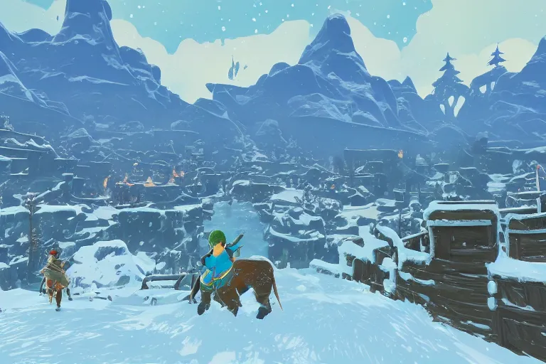 Image similar to snowy Landscape and a village in the background in the style of zelda breath of the wild