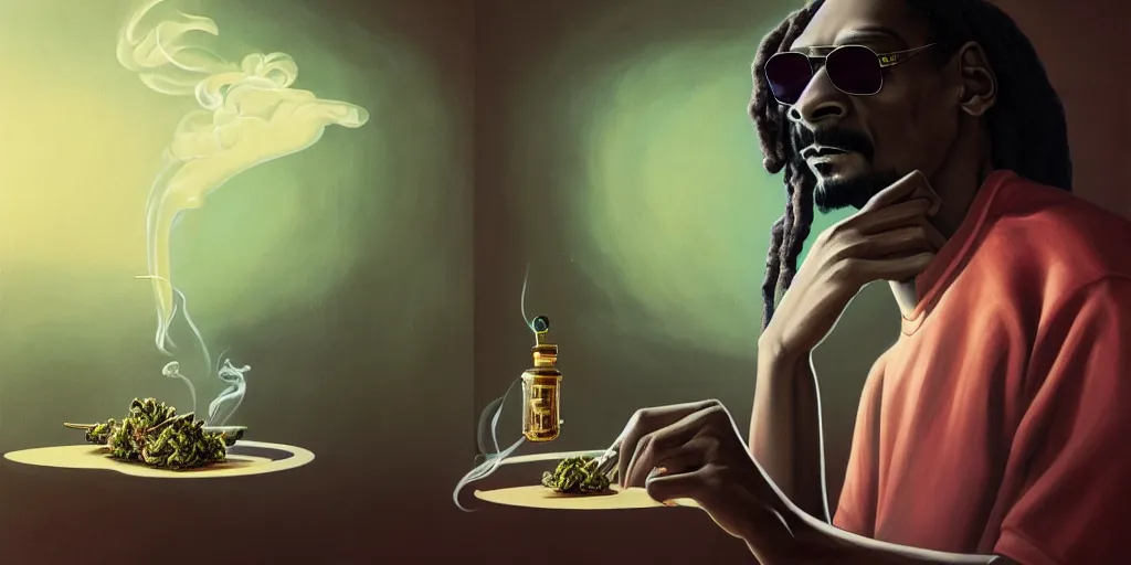 Image similar to breathtaking detailed concept art painting of snoop dogg smoking weed in a cannabis paradise, by hsiao - ron cheng, exquisite detail, extremely moody lighting, 8 k