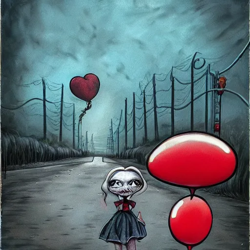 Image similar to grunge cartoon painting of the end of the road with a wide smile and a red balloon by chris leib, loony toons style, pennywise style, corpse bride style, horror theme, detailed, elegant, intricate