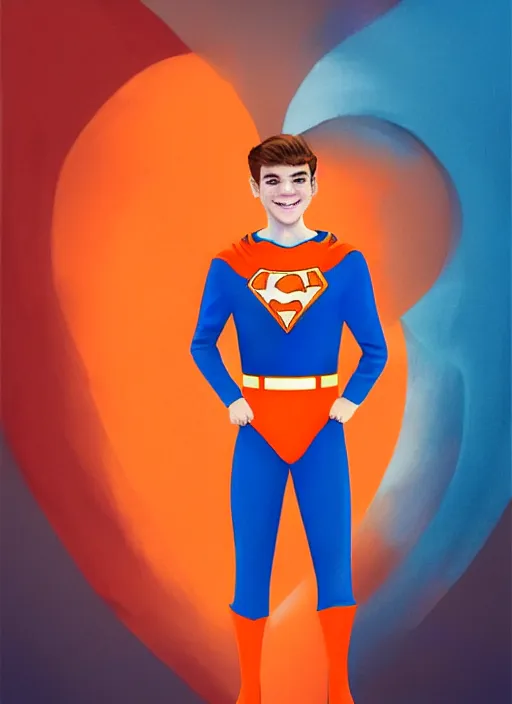 Image similar to friendly teenage archie andrews wearing an orange superhero costume with heart logo, heart, freckles, blue cape, heart emblem on chest, blue cape, intricate, elegant, glowing lights, highly detailed, digital painting, artstation, sharp focus, illustration, art by wlop, mars ravelo and greg rutkowski