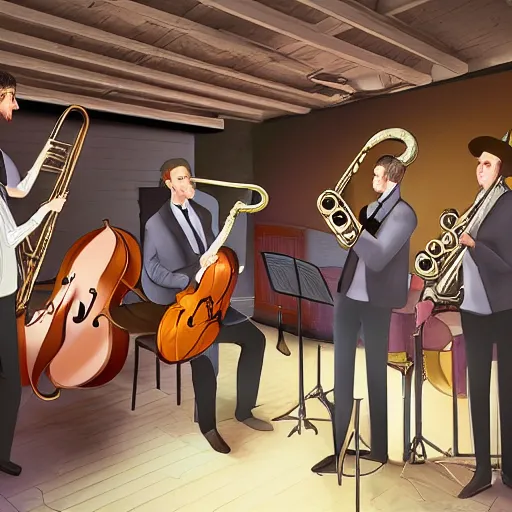 Prompt: architecture students drawing a jazz band playing in a busy underground bar, photorealistic, 8k