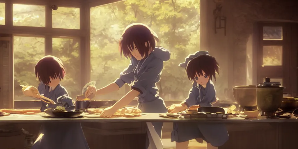 Image similar to a wholesome animation key shot of violet evergarden cooking tasty ramen in the kitchen, medium shot, waist up, studio Ghibli, Pixar and Disney animation, sharp, Rendered in Unreal Engine 5, anime key art by Greg Rutkowski, Bloom, dramatic lighting