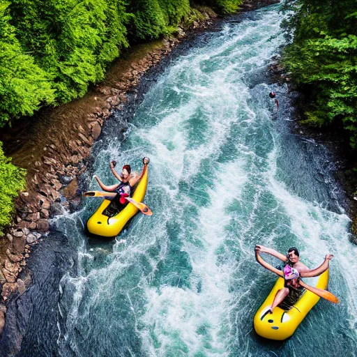 Prompt: a gang of homies having fun on a river float down the snoqualmie river with a big inflatable mallard duck, summertime, drone photography, beautiful, 8k, trending on artstation