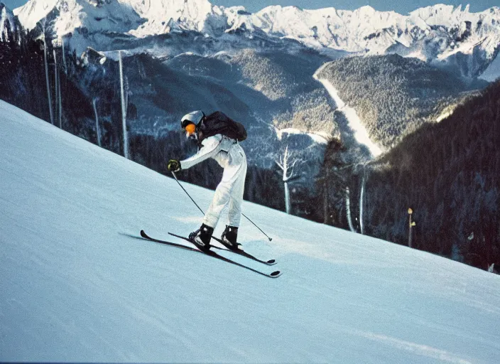 Image similar to a 2 8 mm macro kodachrome photo of a man skiing airborne off a ski jump with snow bursting behind him in the swiss alps in the 1 9 5 0's, seen from a distance, bokeh, canon 5 0 mm, cinematic lighting, film, photography, golden hour, depth of field, award - winning