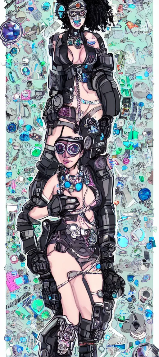 Prompt: a cybergoth woman wearing goggles and eccentric jewelry by brandon graham comic artist :: full body character concept art, detailed, intricate