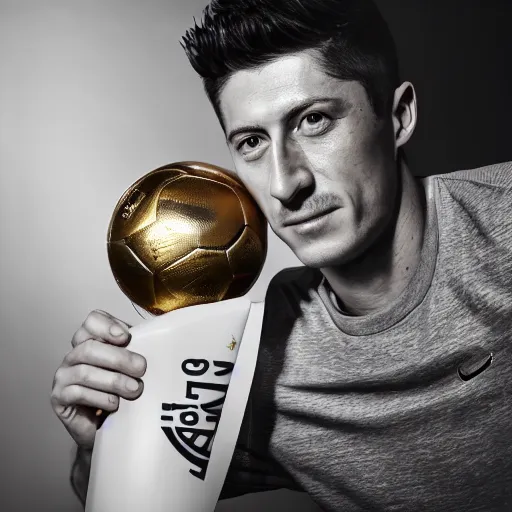 Prompt: portrait of Robert Lewandowski in polish national team t shirt holding World Cup trophy, 4k, hq, high details, natural light, perfect quality, professional photography, award winning photo, a lot of details, perfect face