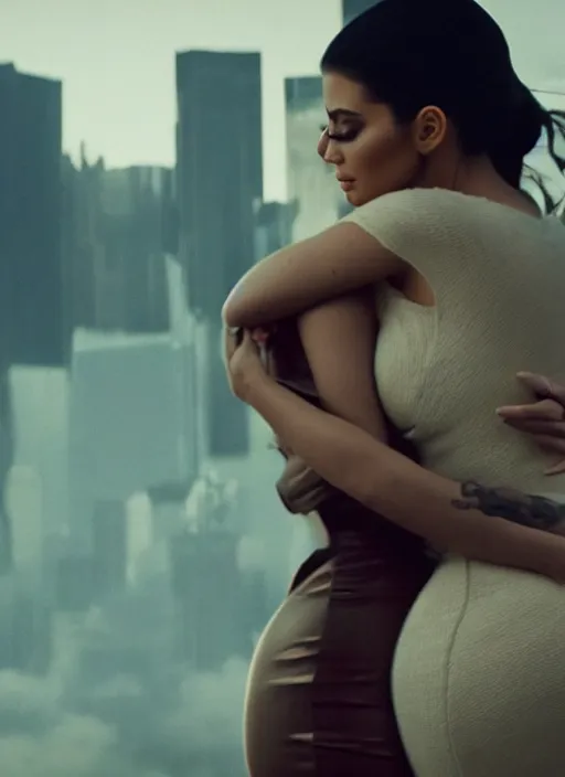 Image similar to film still of kylie Jenner hugging kim kardashian romanticly, scenic cyberpunk city backround, cinematic lighting, cinematic